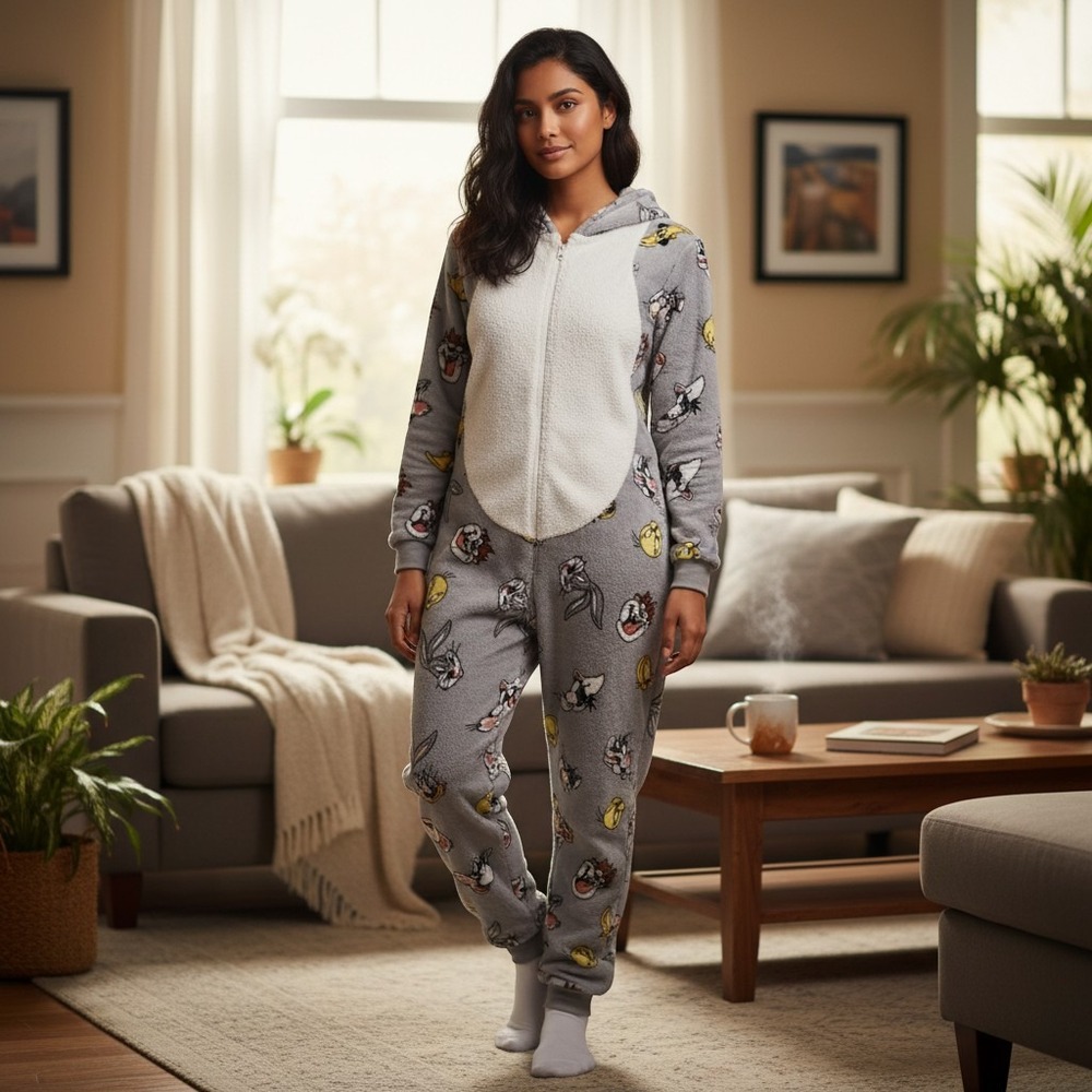 Looney Tunes Fleece Hooded Onesie Pajamas Grey Size XS Cartoon Bugs Bunny